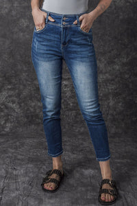 Blue Vintage Washed Two-button High Waist Skinny Jeans