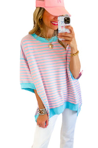 Sky Blue Stripe Contrast Drop Sleeve Loose Top