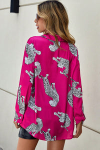 Rose Elegant Cheetah Print Button Up Collar Shirt