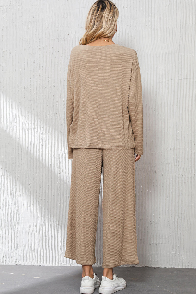 Smoke Gray Loose Textured Pullover and Pants Outfit