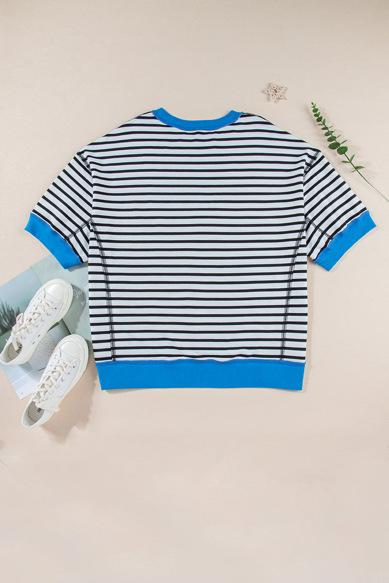 Sky Blue Stripe Contrast Drop Sleeve Loose Top