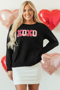 Black XOXO Glitter Print Round Neck Casual Sweater