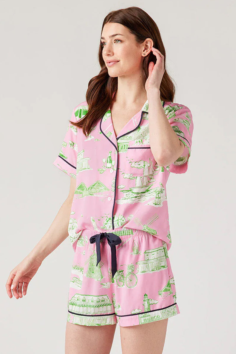 Pink Piping Detail Drawstring Shorts Pajama Set