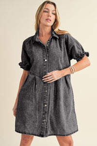 Blue Mineral Washed Ruffled Short Sleeve Pocketed Denim Dress