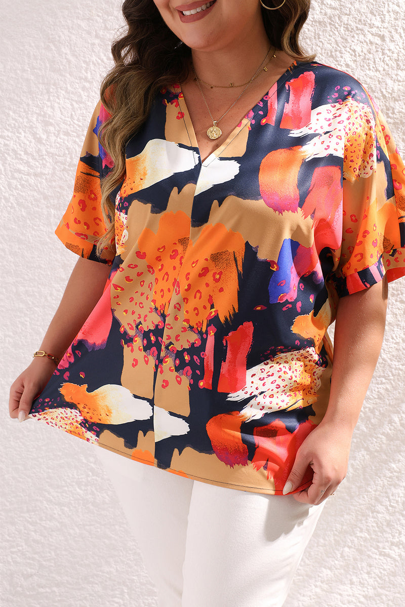 Multicolour Abstract Print V Neck Short Sleeve Plus Size Blouse