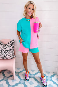 Pink Textured Colorblock T-shirt and Shorts Set