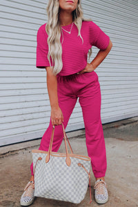 Rose Red Lattice Textured Cropped Tee and Jogger Pants Set