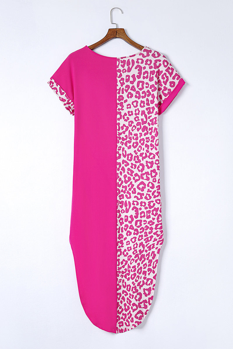 Rose Contrast Solid Leopard Short Sleeve T-shirt Dress with Slits