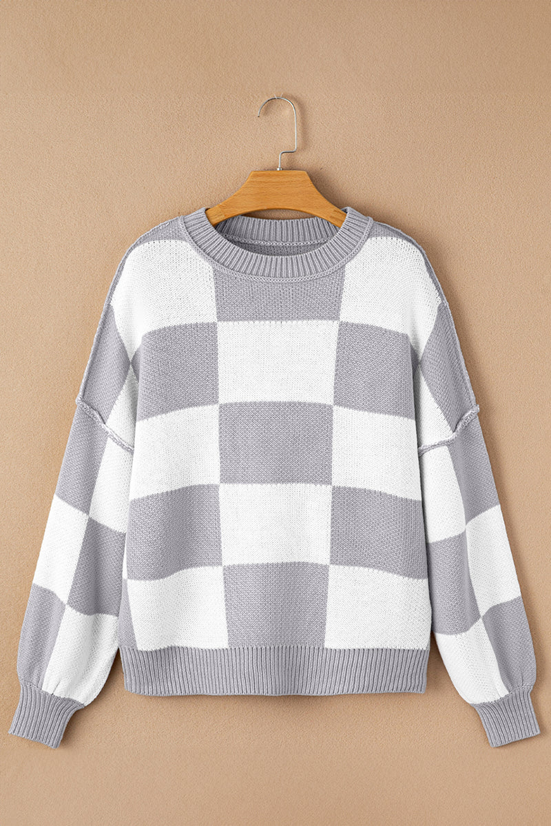 Khaki Plaid Bishop Sleeve Pullover Sweater