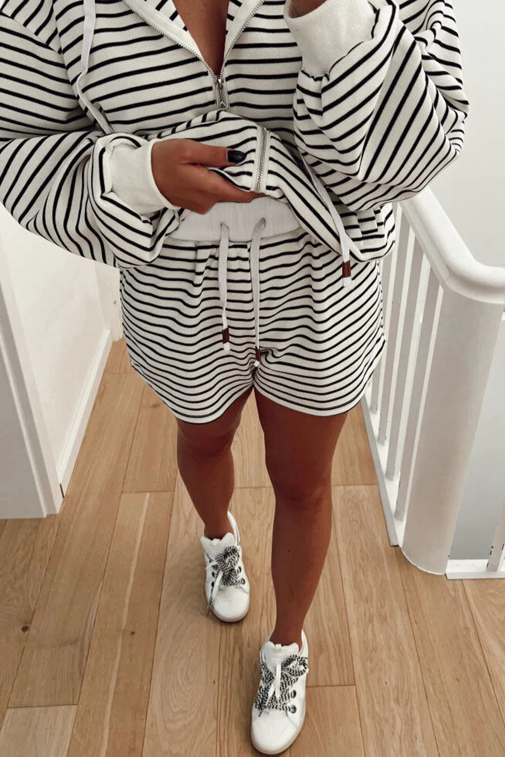 White Printed Striped Zip Up Hoodie and Shorts Set