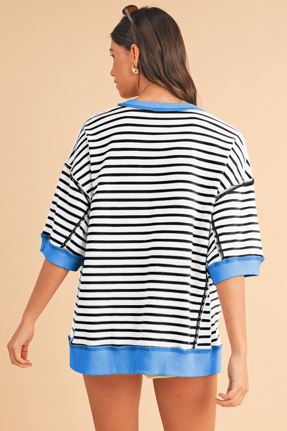 Sky Blue Stripe Contrast Drop Sleeve Loose Top