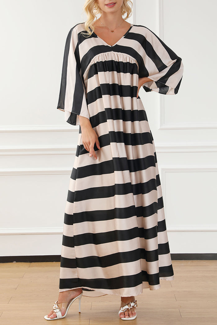 Black V Neck Kimono Sleeve Striped Maxi Dress