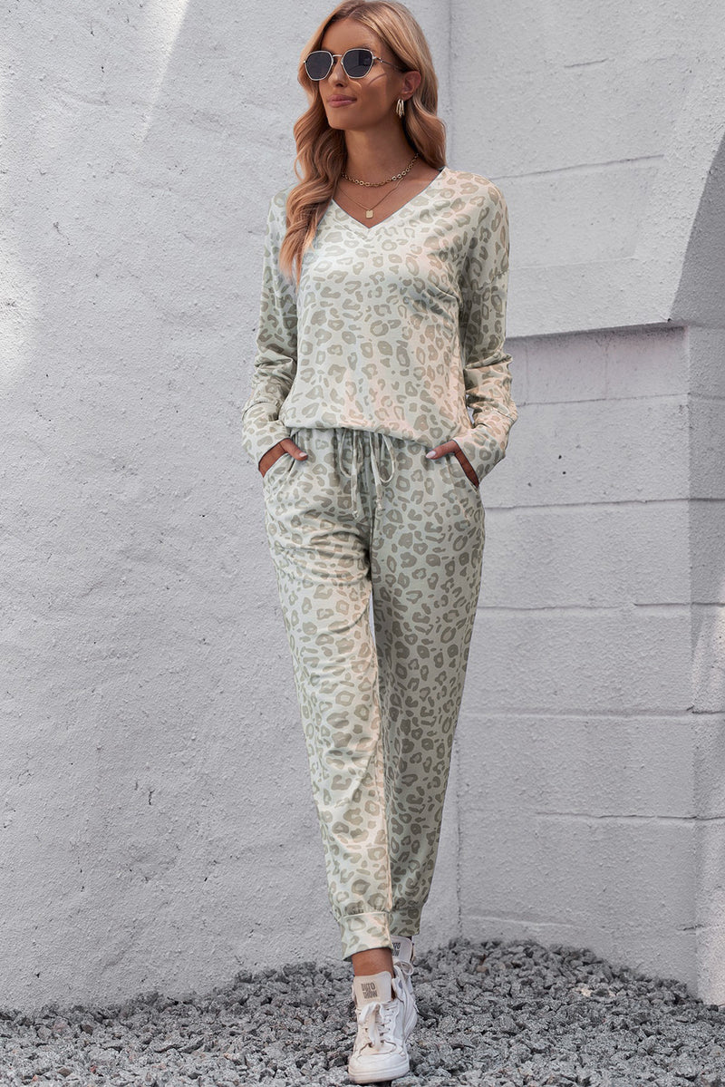 Cheetah Casual Long Sleeve Top & Drawstring Joggers Loungewear Set